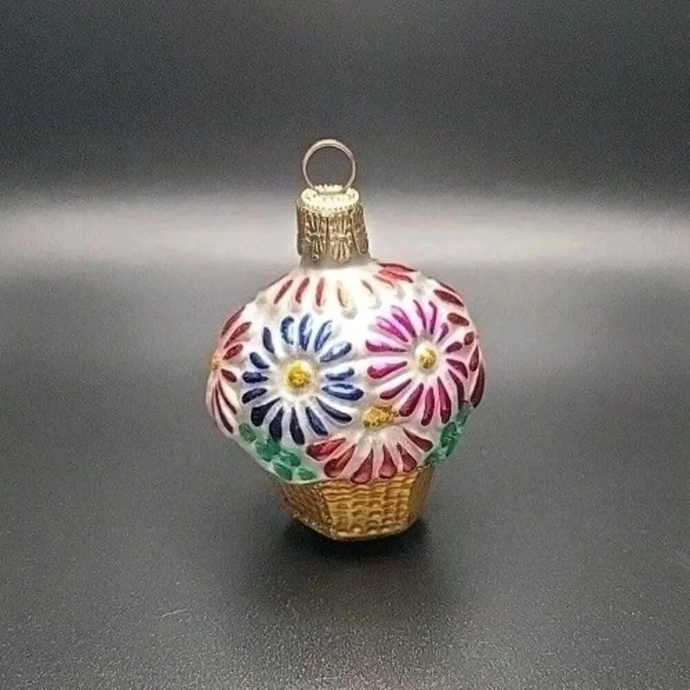 Vintage Czech Republic Blown Glass Flower Basket Christmas Ornament Mini 2.5”